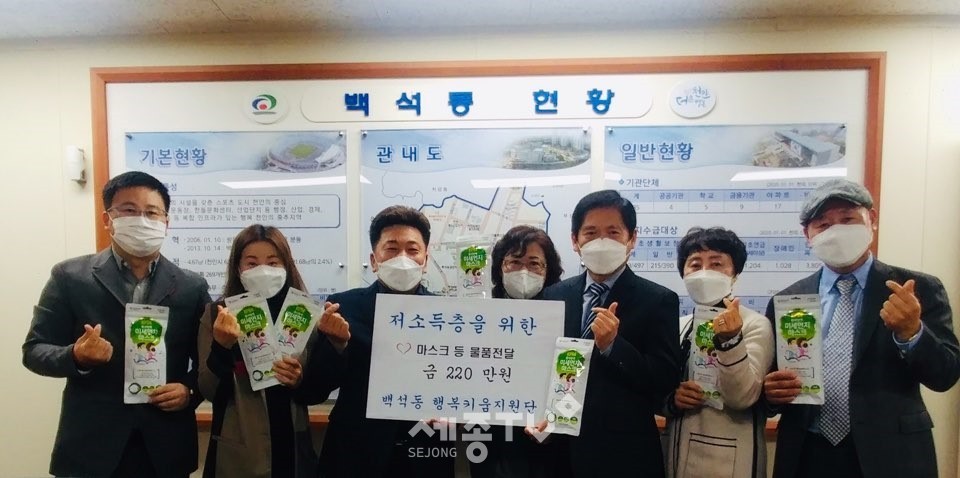 천안시 백석동 행복키움지원단이 지난 23일 관내 저소득층 약 70여 가구를 대상으로 마스크와 손소독제, 라면 등 생활에 필요한 물품(약 220만원 상당)을 지원했다.(사진제공=천안시청)