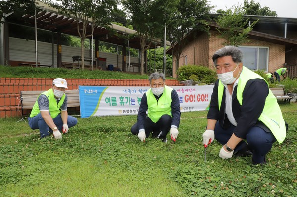 길정섭 충남농협본부장과 주진하 농협예산군지부장, 김종래 삽교농협조합장, 충남농협 임직원들이 예산군 알토란사과 팜스테이마을에서 여름 휴가철 손님맞이를 위한 환경정화에 구슬땀을 흘리고 있다.(사진제공=농협 충남지역본부)