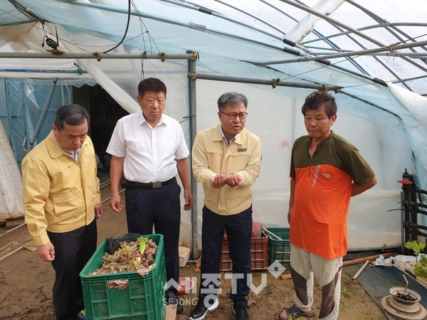 길정섭 본부장은 최명로 농협논산시지부장, 임덕순 상원농협조합장 등과 농작물 침수피해 현장에서 농업인들과 피해현황을 점검하고 복구 방안을 협의했다.(사진제공=농협충남지역본부)