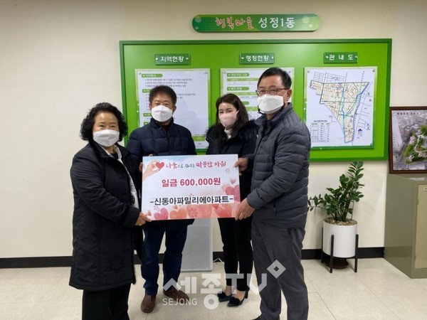 신동아파밀리에아파트 입주민들이 지난 23일 천안시 성정1동에 성금 60만원을 기부했다.(사진제공=천안시청)