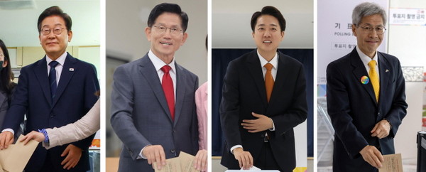 이재명(왼쪽사진부터) 더불어민주당 대선후보, 김문수 국민의힘 대선후보, 이준석 개혁신당 대선후보, 권영국 민주노동당 대선후보가 29일 사전투표를 하고 있다.