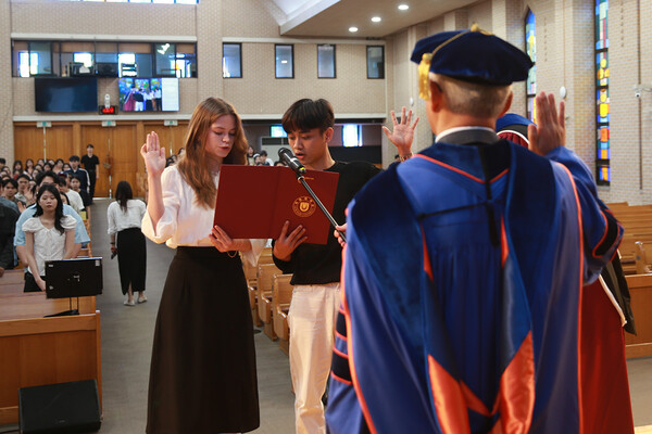 지난 1일 목원대 채플에서 진행된 2025학년도 2학기 외국인 유학생 입학식 모습/사진제공=목원대