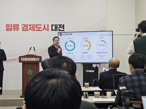 이장우 대전시장이 올해 소상공인·전통시장 지원 사업비 관련 브리핑을 하고 있다./세종TV=최정현 기자