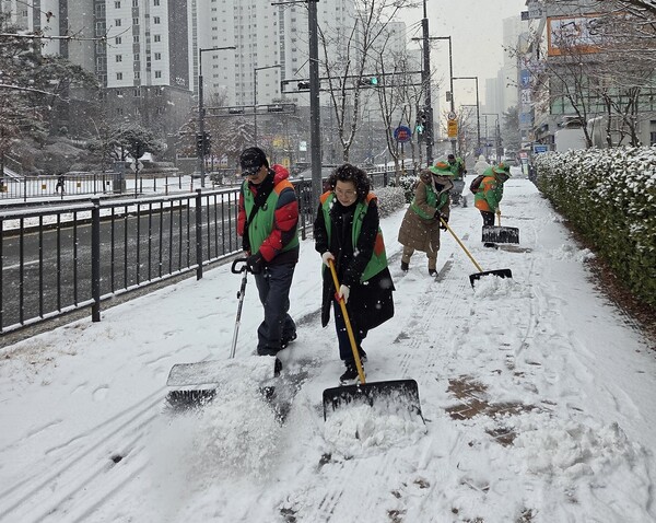 대설주의보가 발효된 지난 2일, 아름동자율방재단이 제설 작업을 하는 모습/사진제공=세종특별자치시