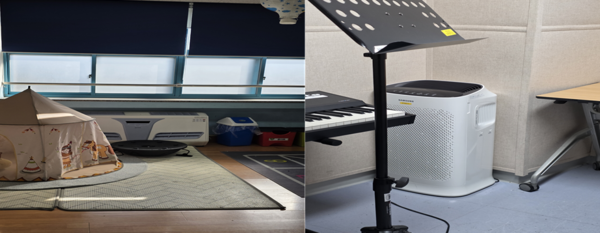 (좌) 조치원대동초 바닥형 공기정화장치 설치 모습, (우) 세종예술고 연습실 공기청정기 설치 모습/사진=세종시교육청 제공